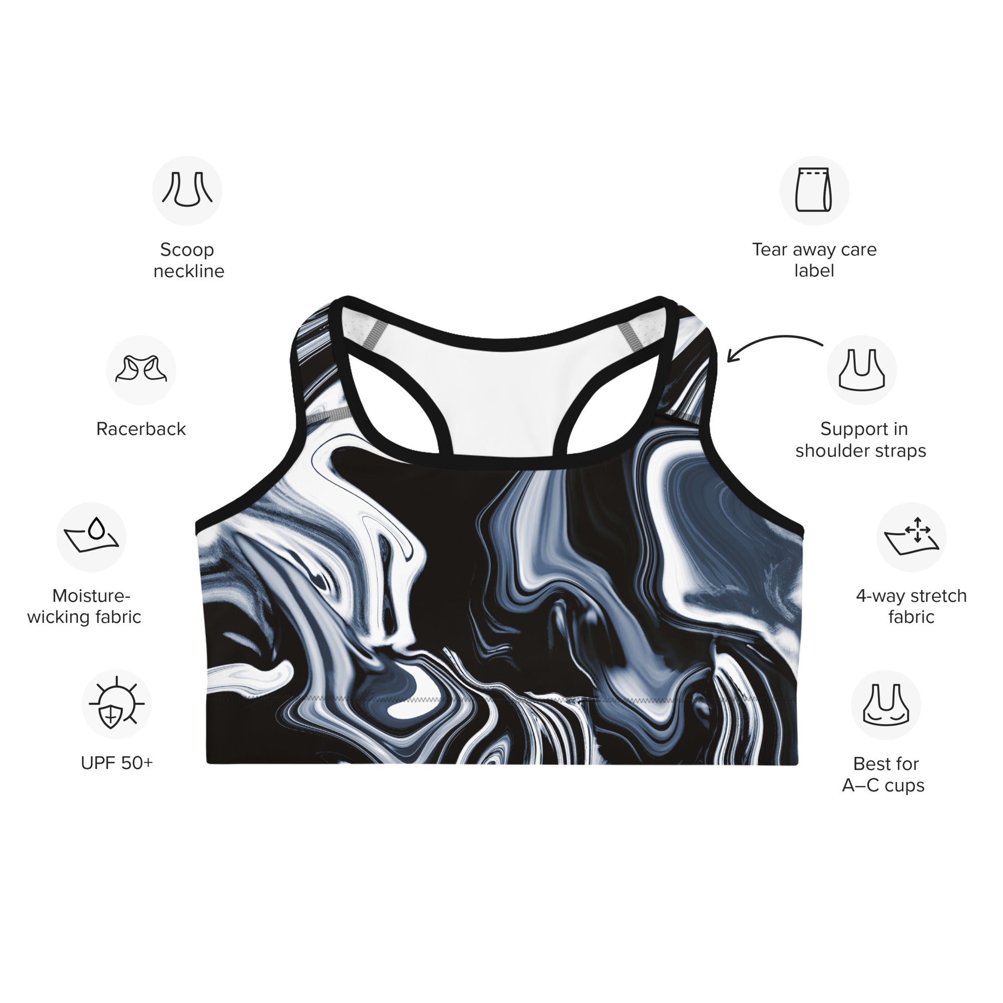 SHE REBEL - Black Marble Swirl Sports Bra